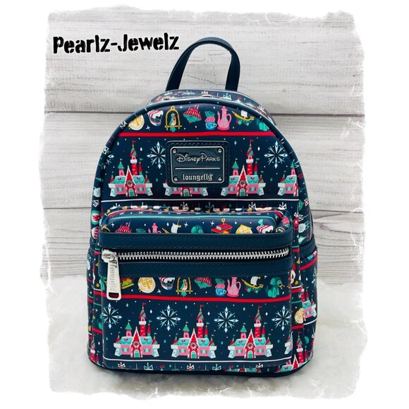 Loungefly Disney Parks Ugly Sweater Landmarks Castle Mickey Mouse Backpack NWT - Picture 1 of 6
